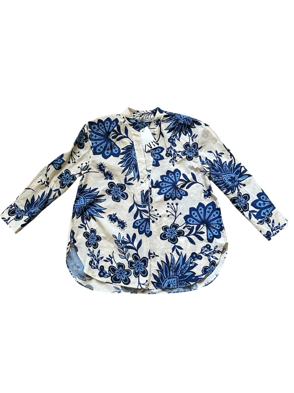 Zara Blue & White Floral Printed Popover Blouse / Top Size Medium New